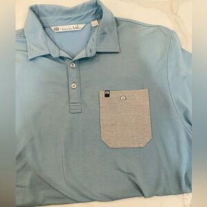 Travis Mathew Blue/Teal Polo with Grey Front Pocket with Button Enclosure, Large